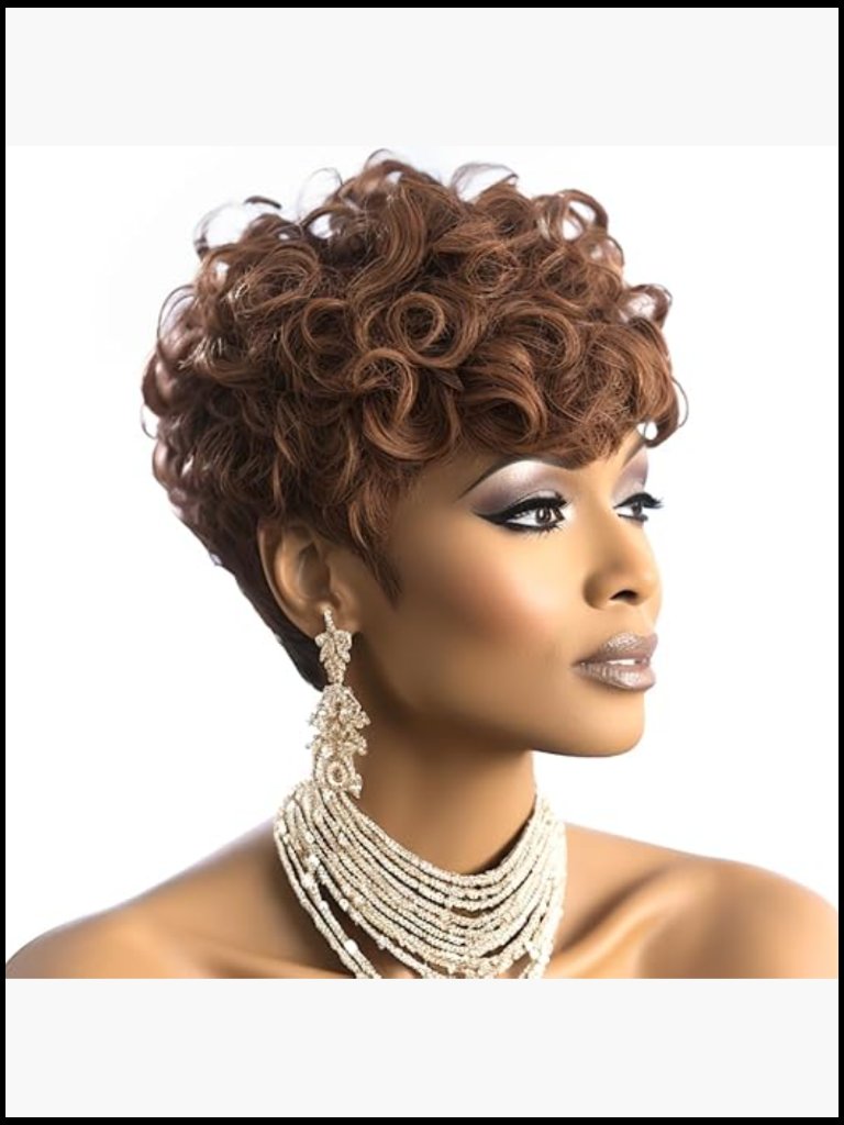 Short Pixie Wig With Bangs Layered Curly Synthetic Haircut Heat Resistant
